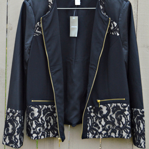 Chico’s Pieced Ponte Lace-Mix Faux Leather Jacket - Picture 5 of 7